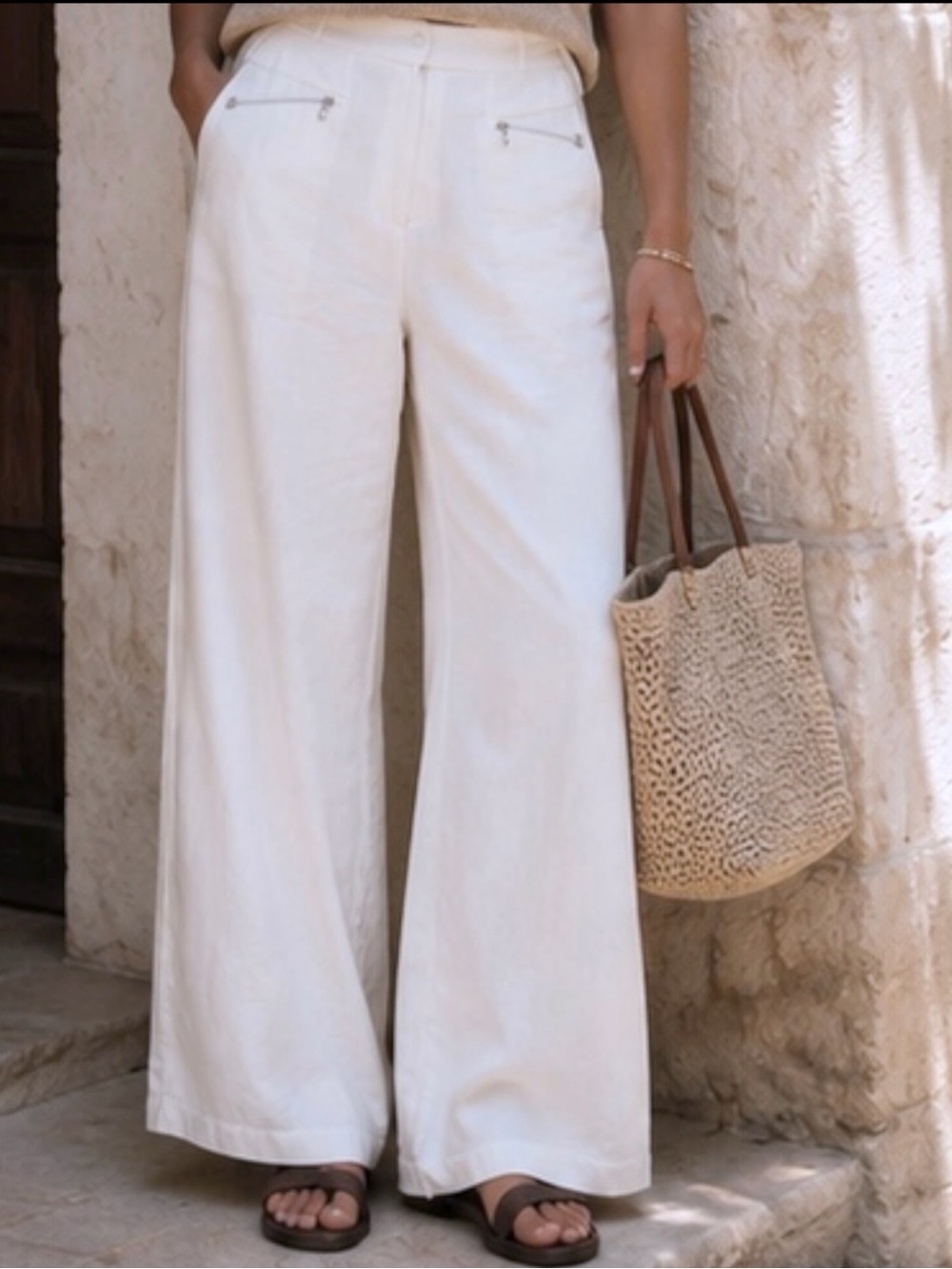 Eileen Fisher Light Ivory Linen Viscose Wide Leg Pant Relaxed Fit Trousers Sz M - Picture 11 of 14